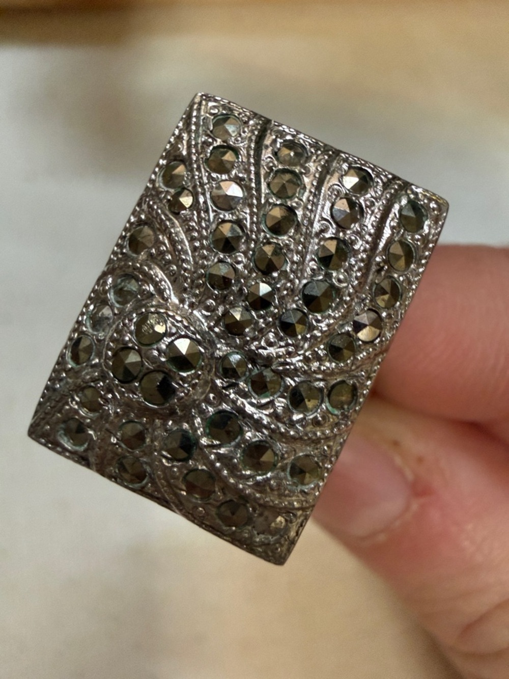 Sterling Silver 925 Marcasite Pavé Rectangular Statement Ring size 6.25 - Picture 6 of 12